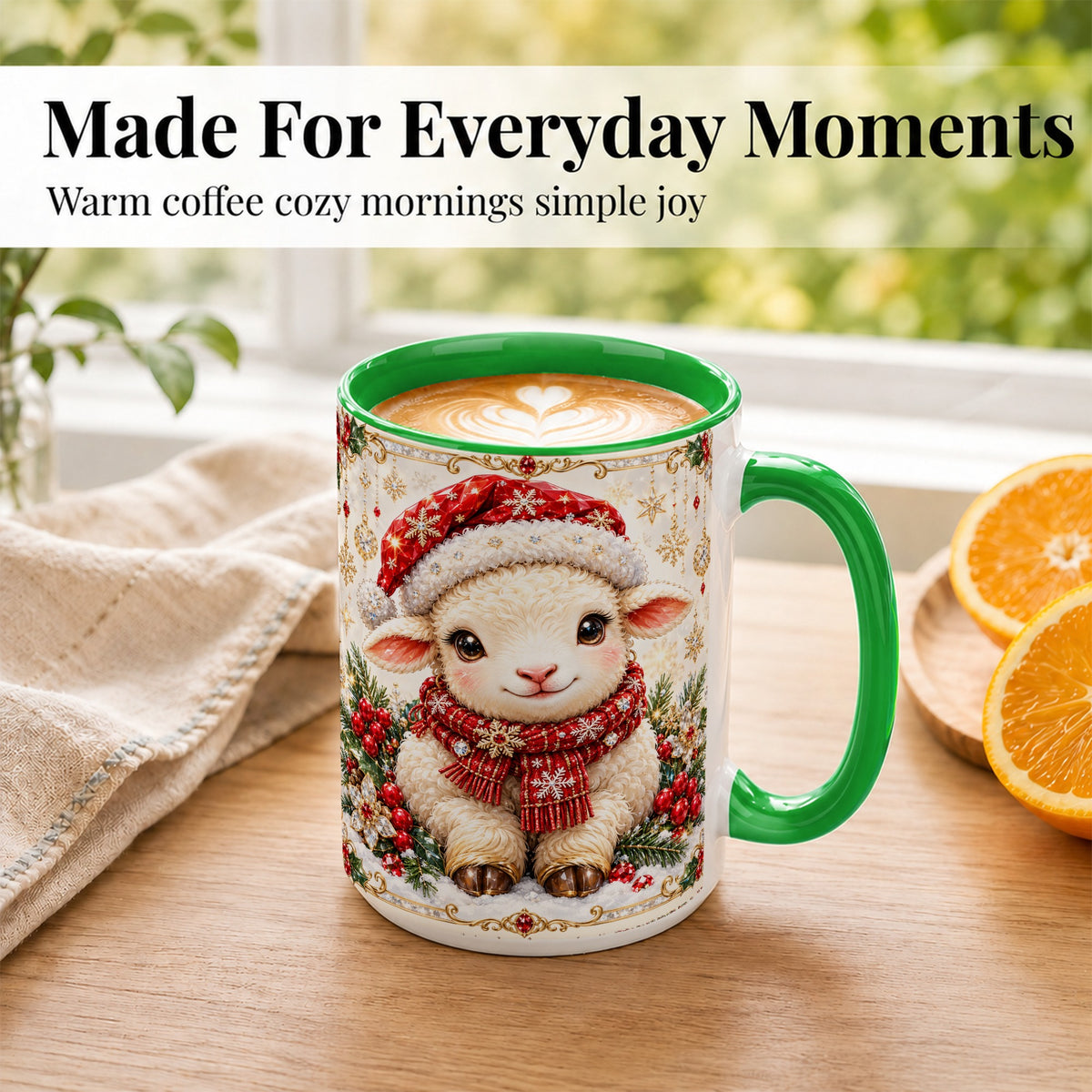 #pl[15oz|Green] Jeweled Christmas Lamb Coffee Mug, Ruby Sheep Mug, Ceramic Cup