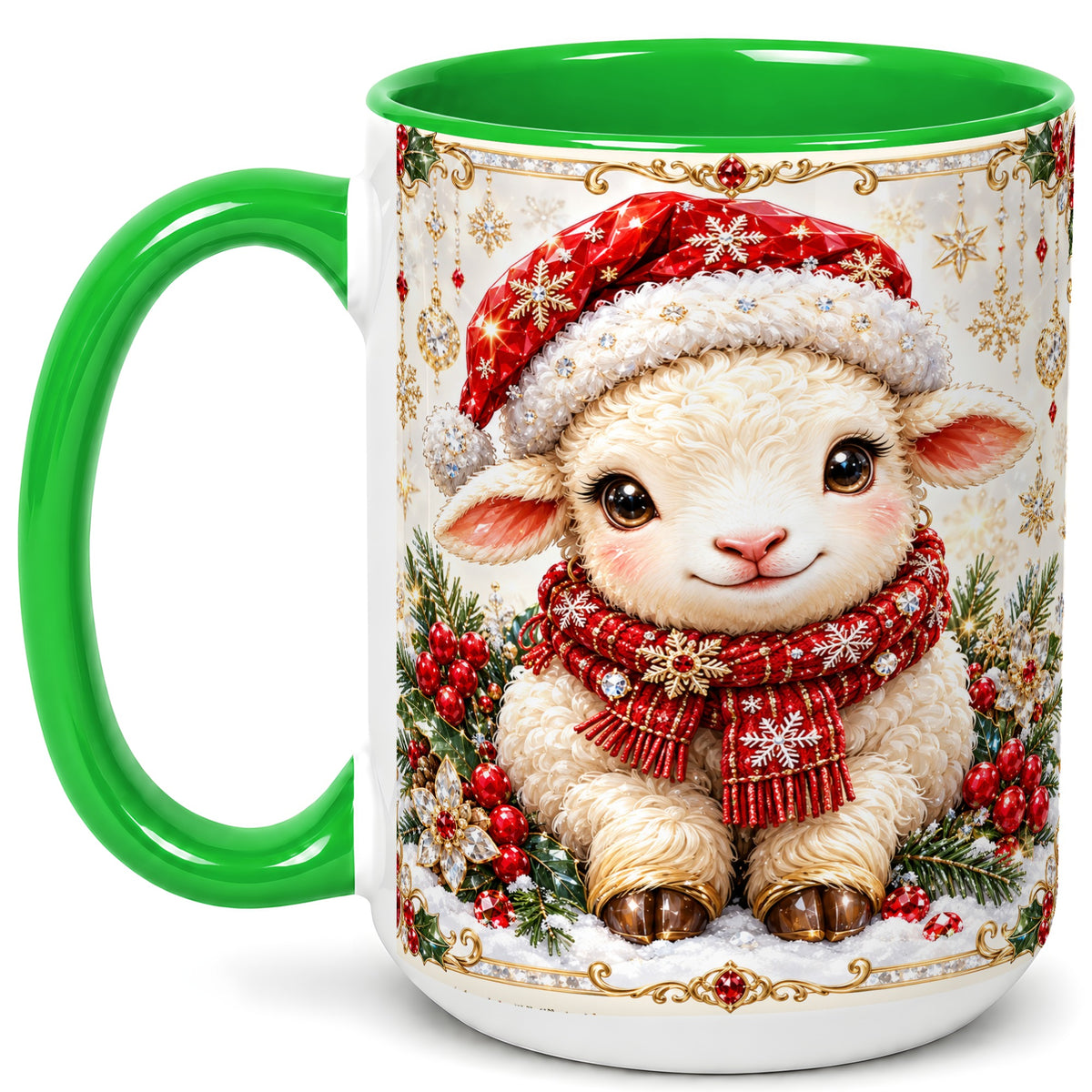 #pl[15oz|Green] Jeweled Christmas Lamb Coffee Mug, Ruby Sheep Mug, Ceramic Cup
