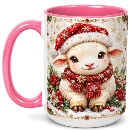 #pl[15oz|Pink] Jeweled Christmas Lamb Coffee Mug, Ruby Sheep Mug, Ceramic Cup
