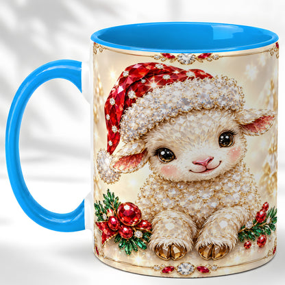 #pl[11oz|Blue] Crystal Christmas Lamb Coffee Mug, Gemstone Sheep Mug, Ceramic Cup