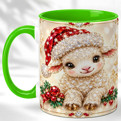 #pl[11oz|Green] Crystal Christmas Lamb Coffee Mug, Gemstone Sheep Mug, Ceramic Cup