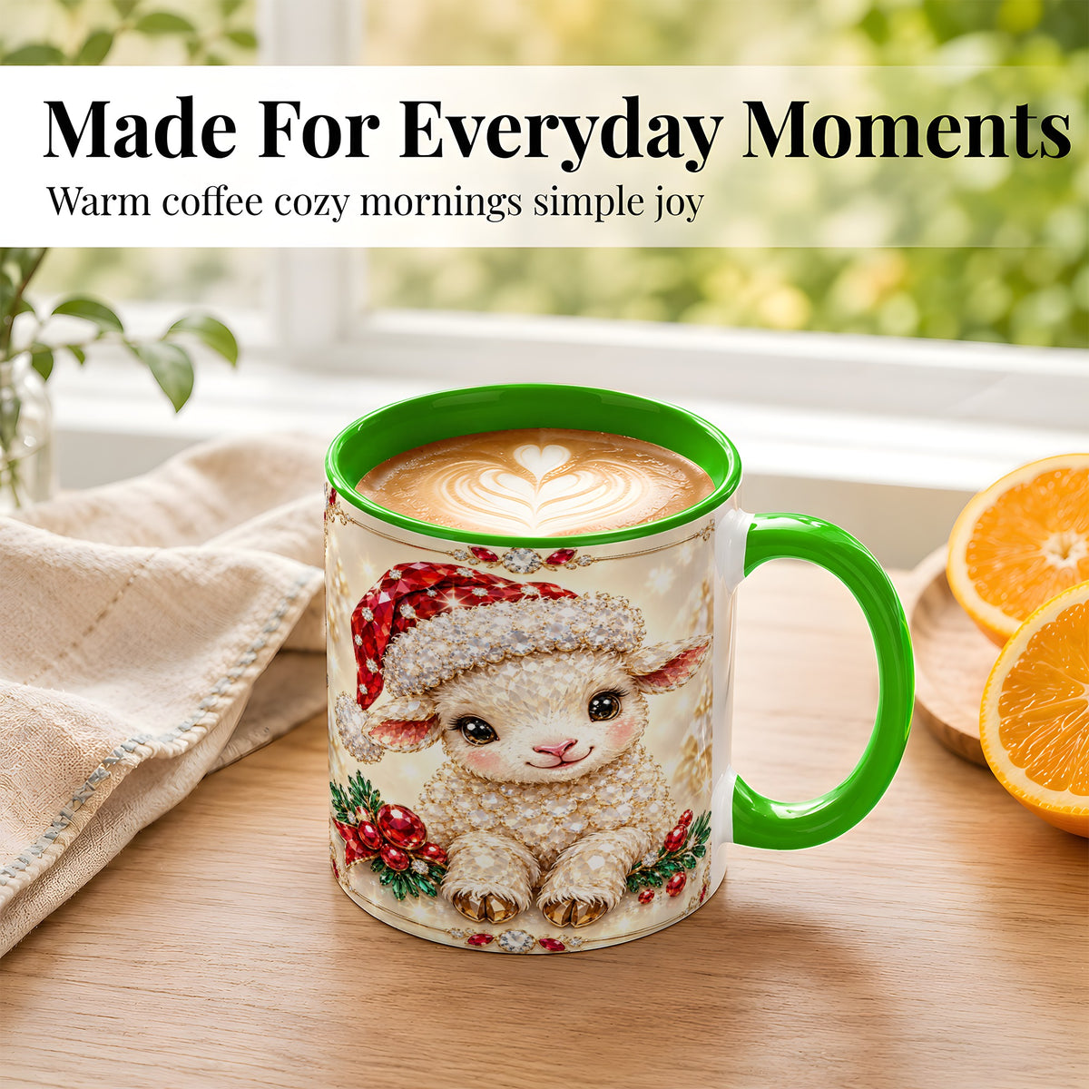 #pl[11oz|Green] Crystal Christmas Lamb Coffee Mug, Gemstone Sheep Mug, Ceramic Cup