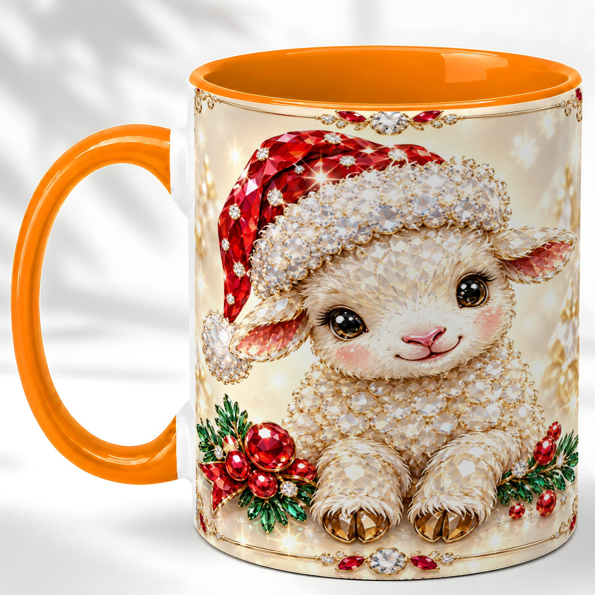 #pl[11oz|Orange] Crystal Christmas Lamb Coffee Mug, Gemstone Sheep Mug, Ceramic Cup