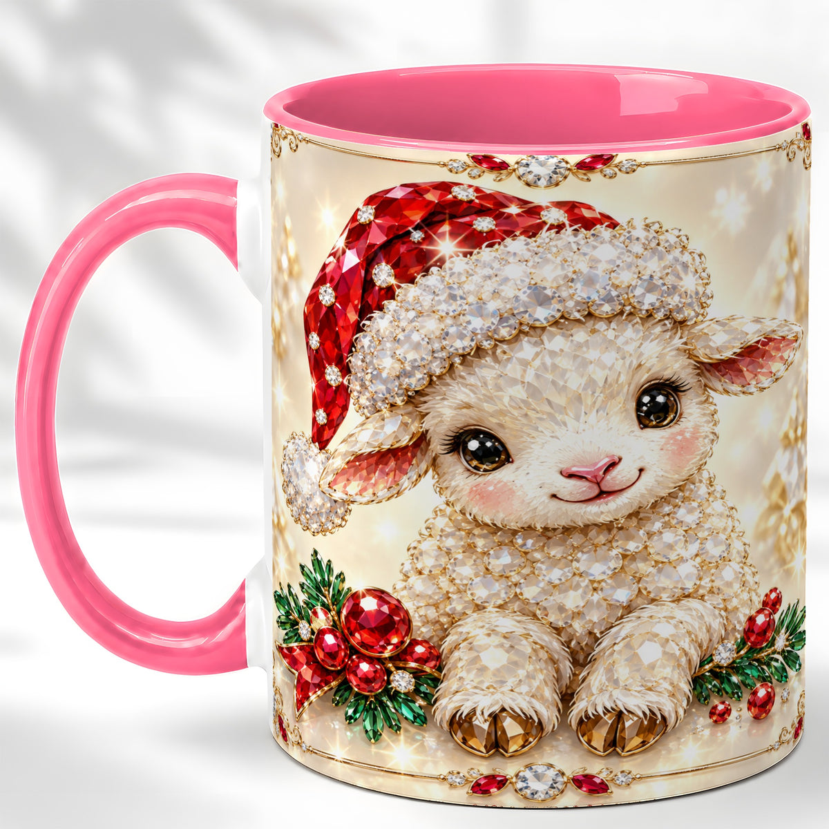 #pl[11oz|Pink] Crystal Christmas Lamb Coffee Mug, Gemstone Sheep Mug, Ceramic Cup