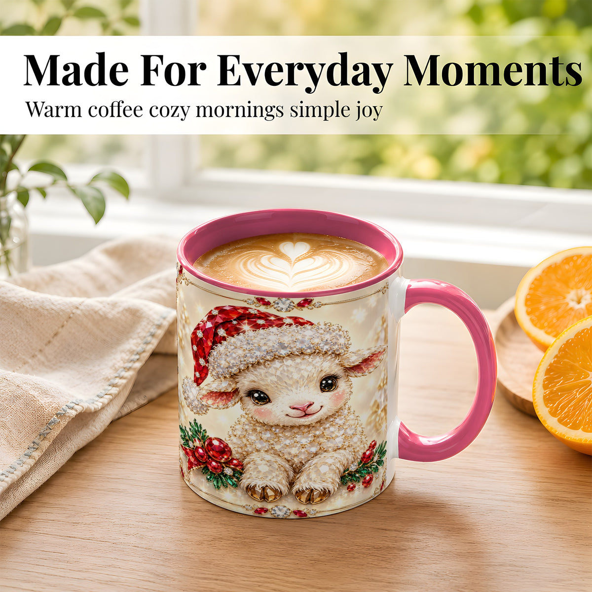 #pl[11oz|Pink] Crystal Christmas Lamb Coffee Mug, Gemstone Sheep Mug, Ceramic Cup