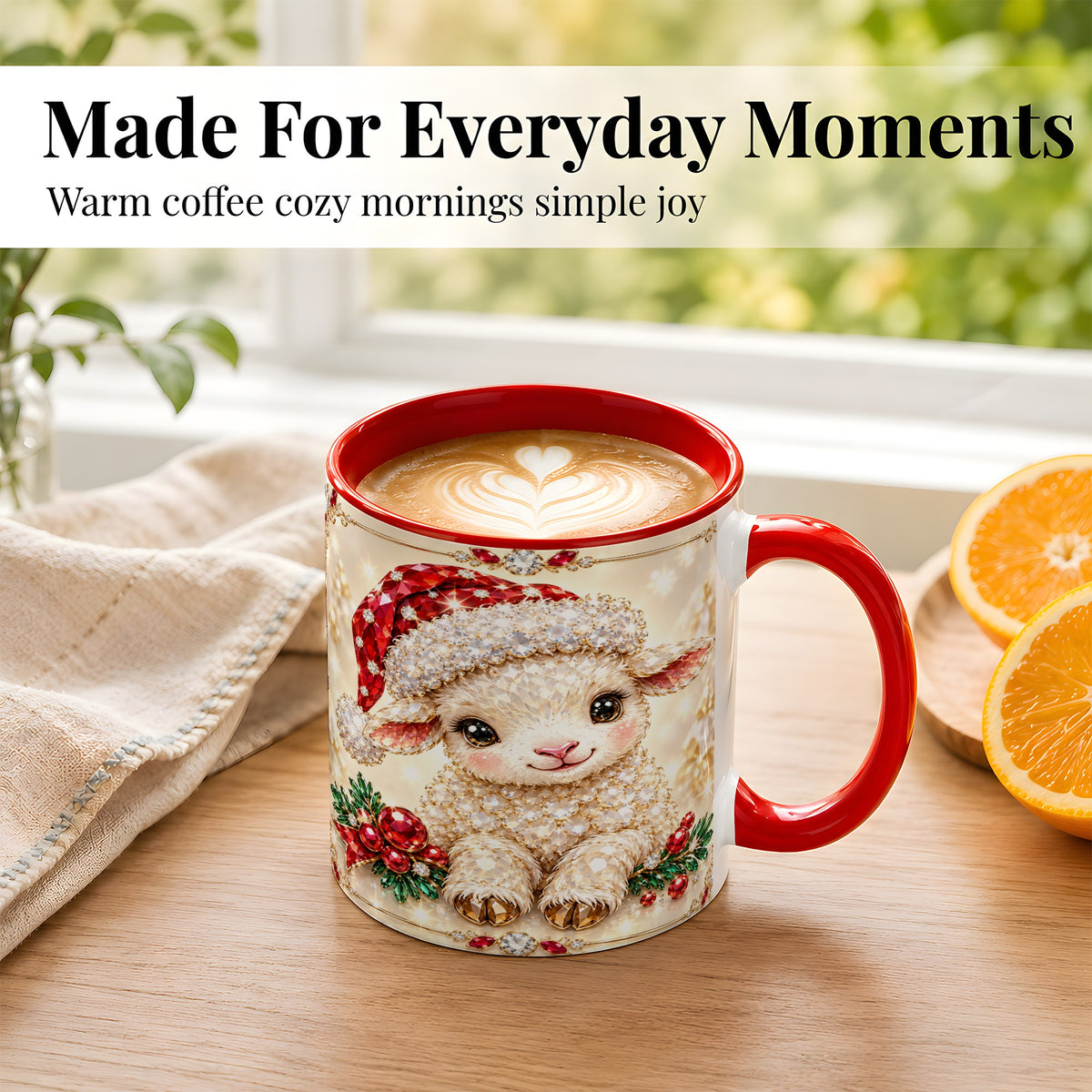 #pl[11oz|Red] Crystal Christmas Lamb Coffee Mug, Gemstone Sheep Mug, Ceramic Cup