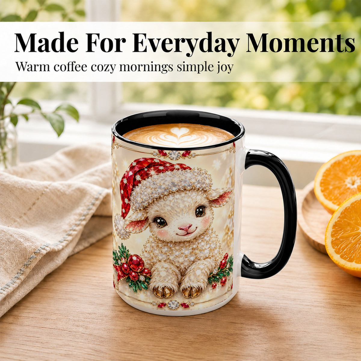 #pl[15oz|Black] Crystal Christmas Lamb Coffee Mug, Gemstone Sheep Mug, Ceramic Cup