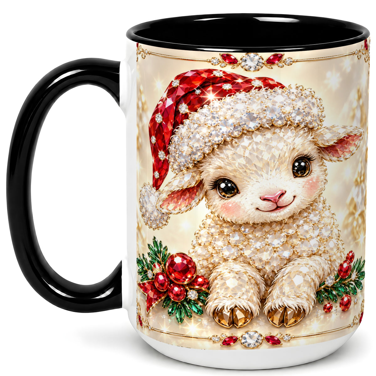 #pl[15oz|Black] Crystal Christmas Lamb Coffee Mug, Gemstone Sheep Mug, Ceramic Cup