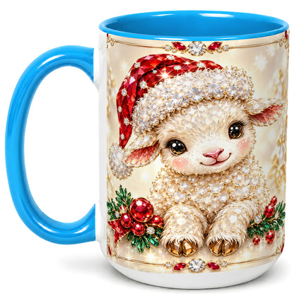 #pl[15oz|Blue] Crystal Christmas Lamb Coffee Mug, Gemstone Sheep Mug, Ceramic Cup