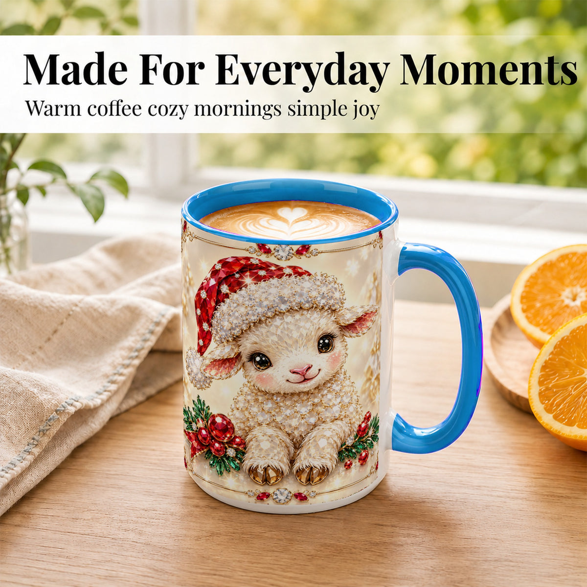 #pl[15oz|Blue] Crystal Christmas Lamb Coffee Mug, Gemstone Sheep Mug, Ceramic Cup