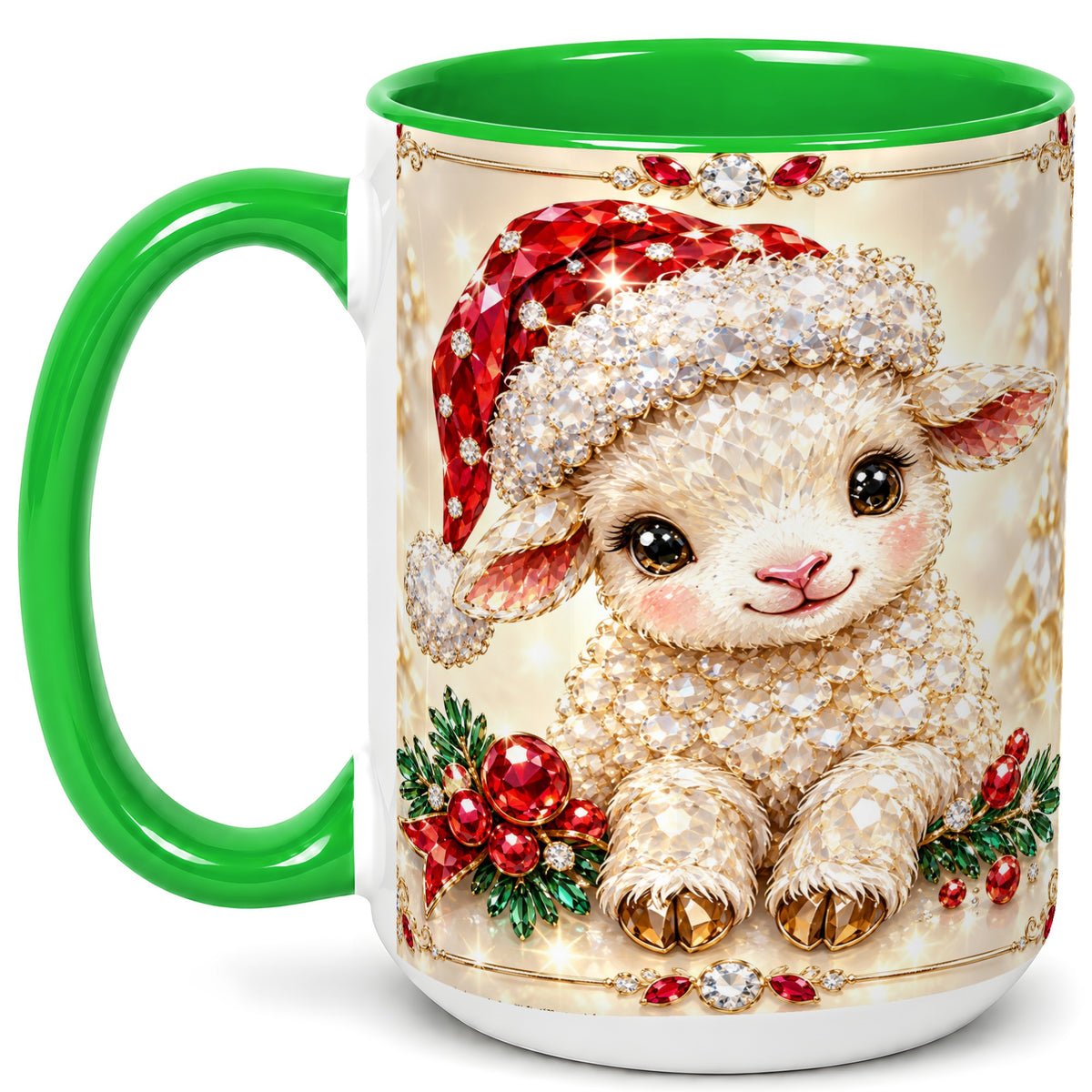 #pl[15oz|Green] Crystal Christmas Lamb Coffee Mug, Gemstone Sheep Mug, Ceramic Cup