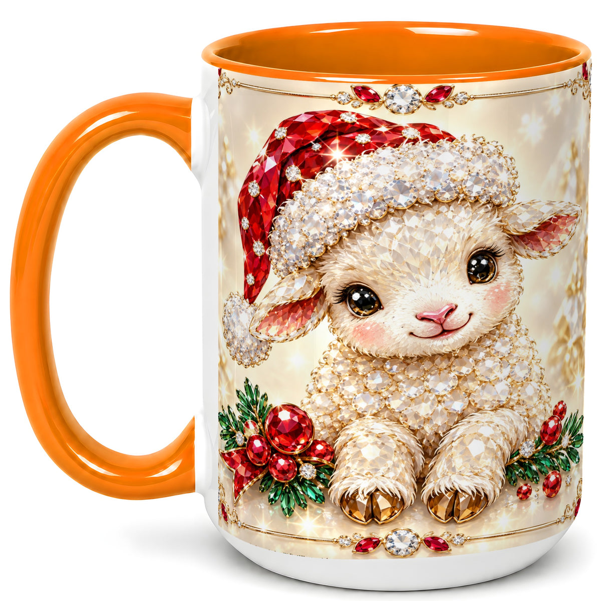 #pl[15oz|Orange] Crystal Christmas Lamb Coffee Mug, Gemstone Sheep Mug, Ceramic Cup