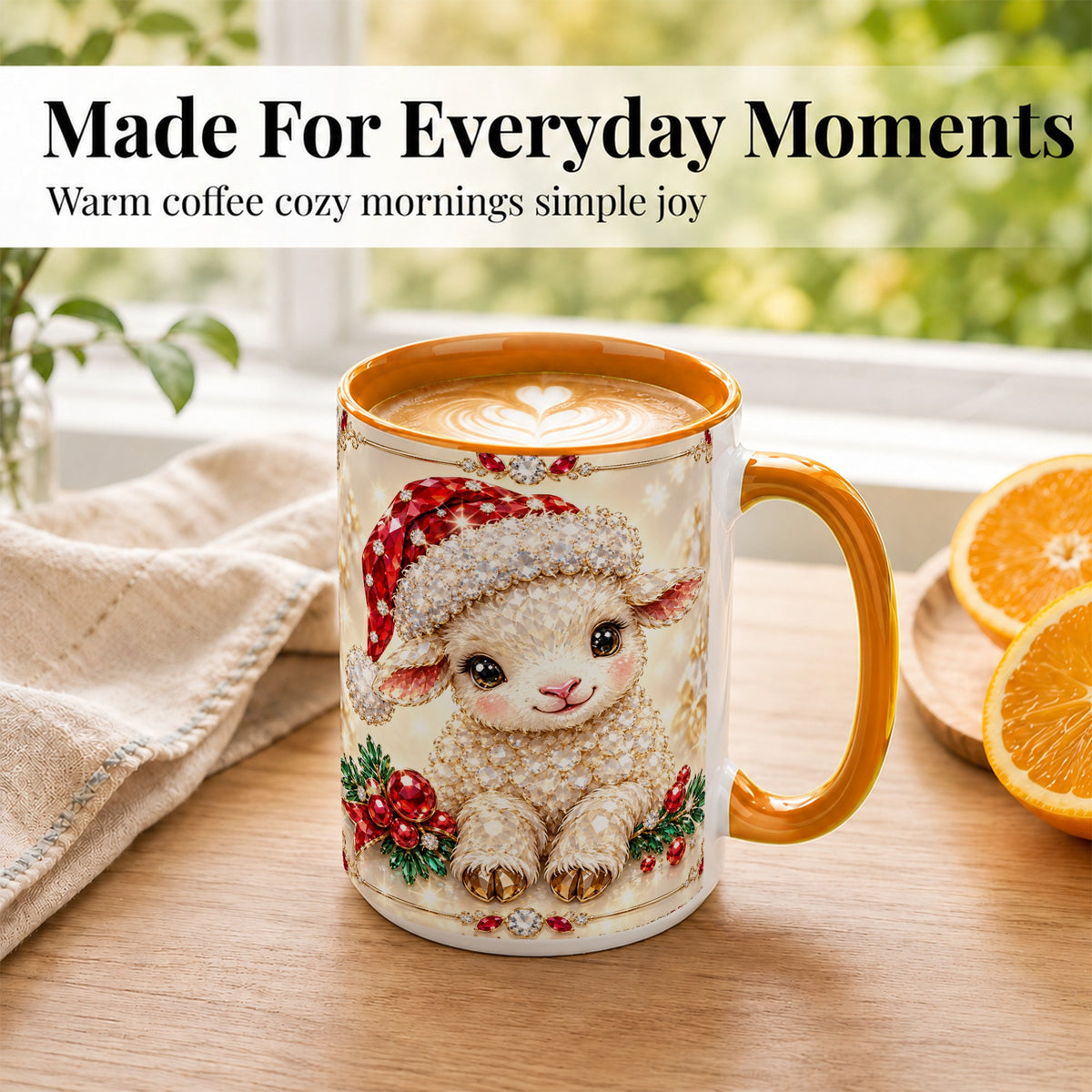 #pl[15oz|Orange] Crystal Christmas Lamb Coffee Mug, Gemstone Sheep Mug, Ceramic Cup