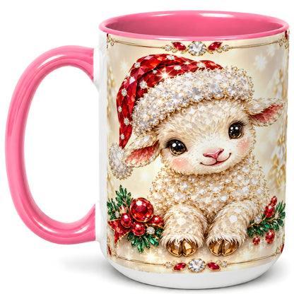 #pl[15oz|Pink] Crystal Christmas Lamb Coffee Mug, Gemstone Sheep Mug, Ceramic Cup