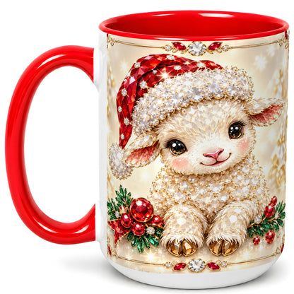 #pl[15oz|Red] Crystal Christmas Lamb Coffee Mug, Gemstone Sheep Mug, Ceramic Cup