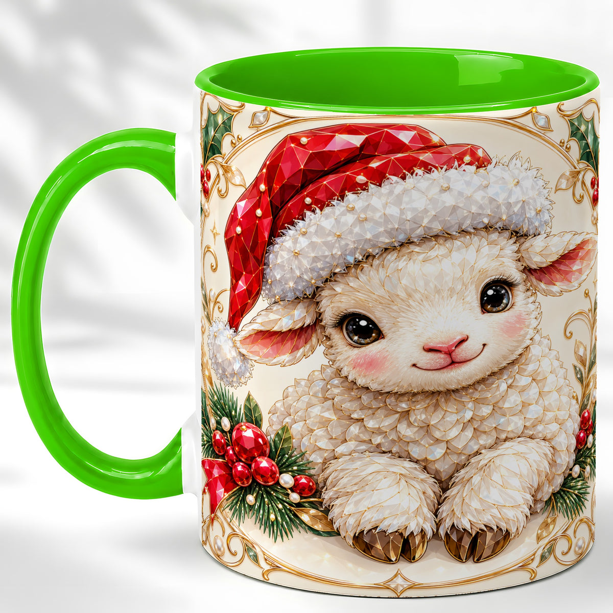 #pl[11oz|Green] Geometric Christmas Lamb Coffee Mug, Ruby Sheep Mug, Ceramic Cup