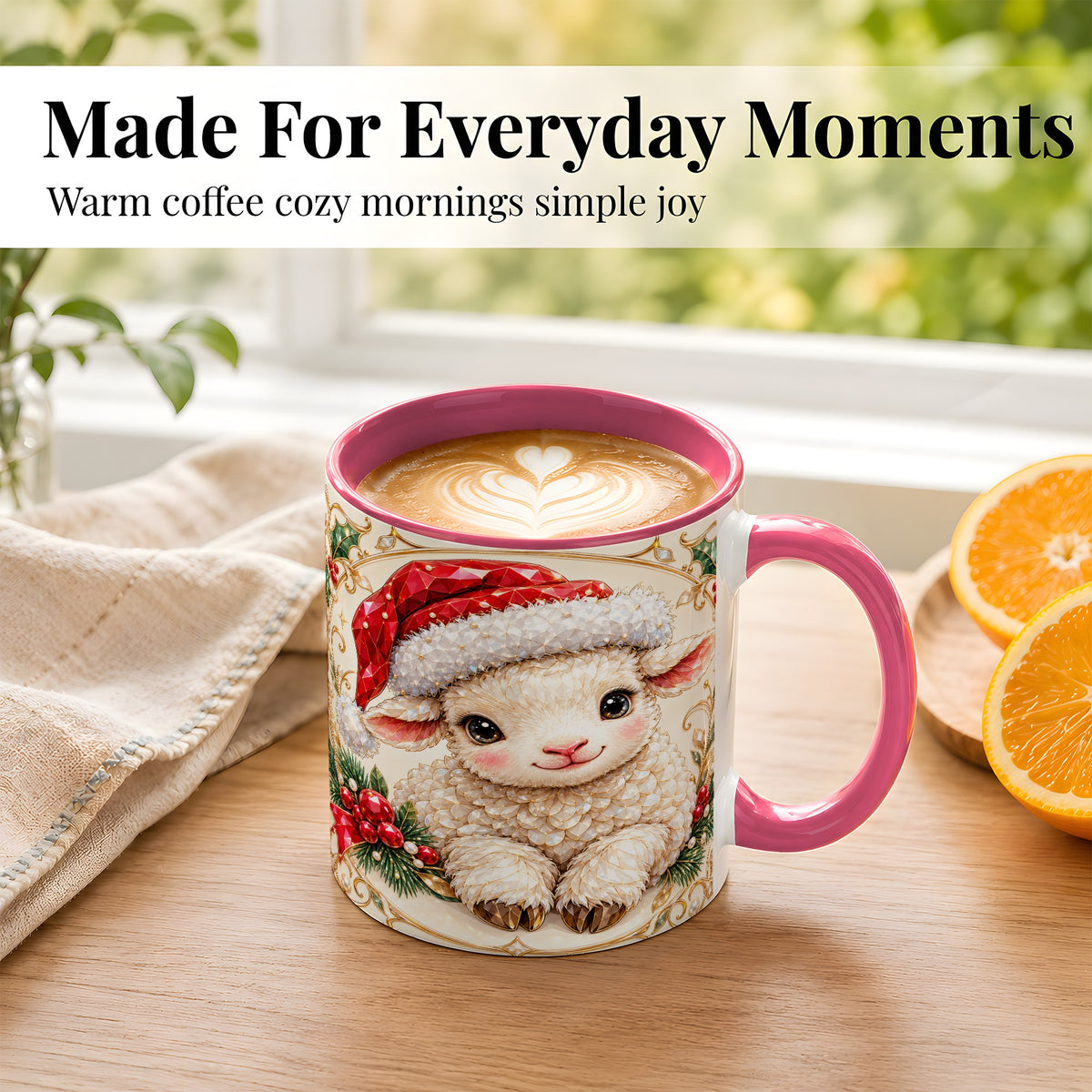 #pl[11oz|Pink] Geometric Christmas Lamb Coffee Mug, Ruby Sheep Mug, Ceramic Cup