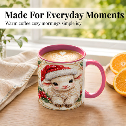 #pl[11oz|Pink] Geometric Christmas Lamb Coffee Mug, Ruby Sheep Mug, Ceramic Cup