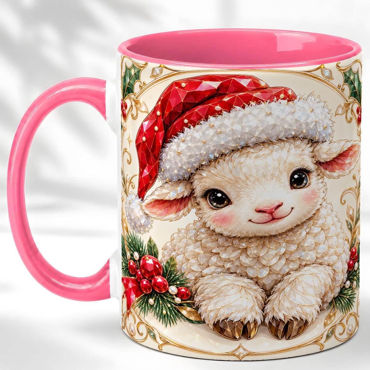 #pl[11oz|Pink] Geometric Christmas Lamb Coffee Mug, Ruby Sheep Mug, Ceramic Cup
