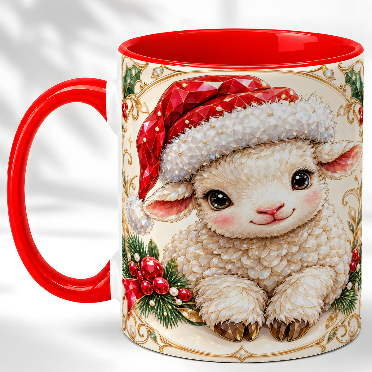 Geometric Christmas Lamb Coffee Mug, Ruby Sheep Mug, Ceramic Cup