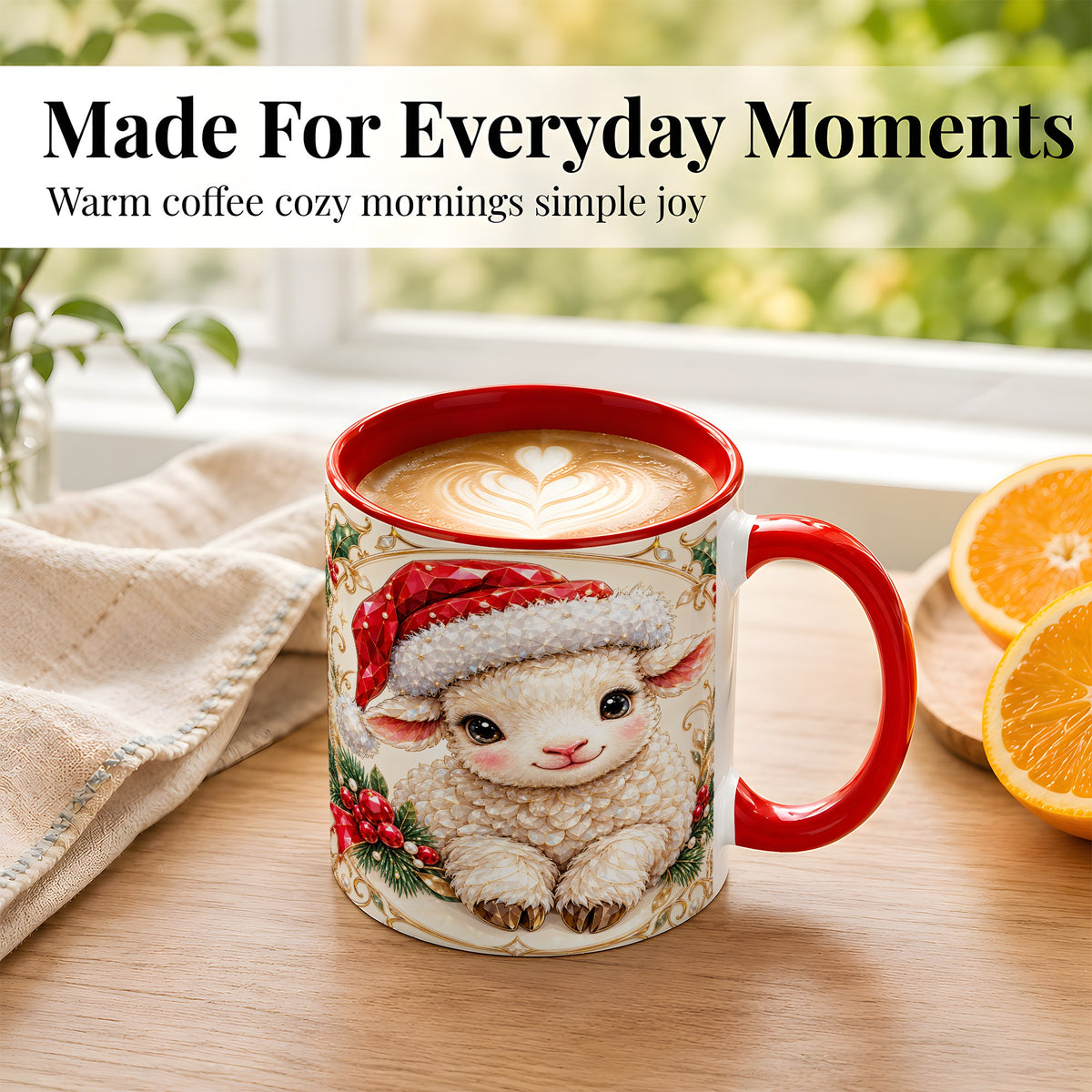 #pl[11oz|Red] Geometric Christmas Lamb Coffee Mug, Ruby Sheep Mug, Ceramic Cup