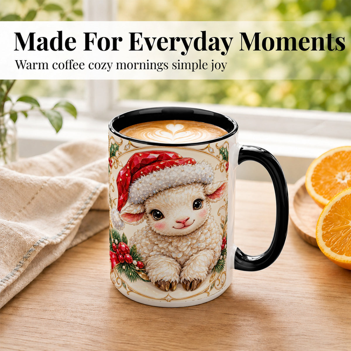 #pl[15oz|Black] Geometric Christmas Lamb Coffee Mug, Ruby Sheep Mug, Ceramic Cup