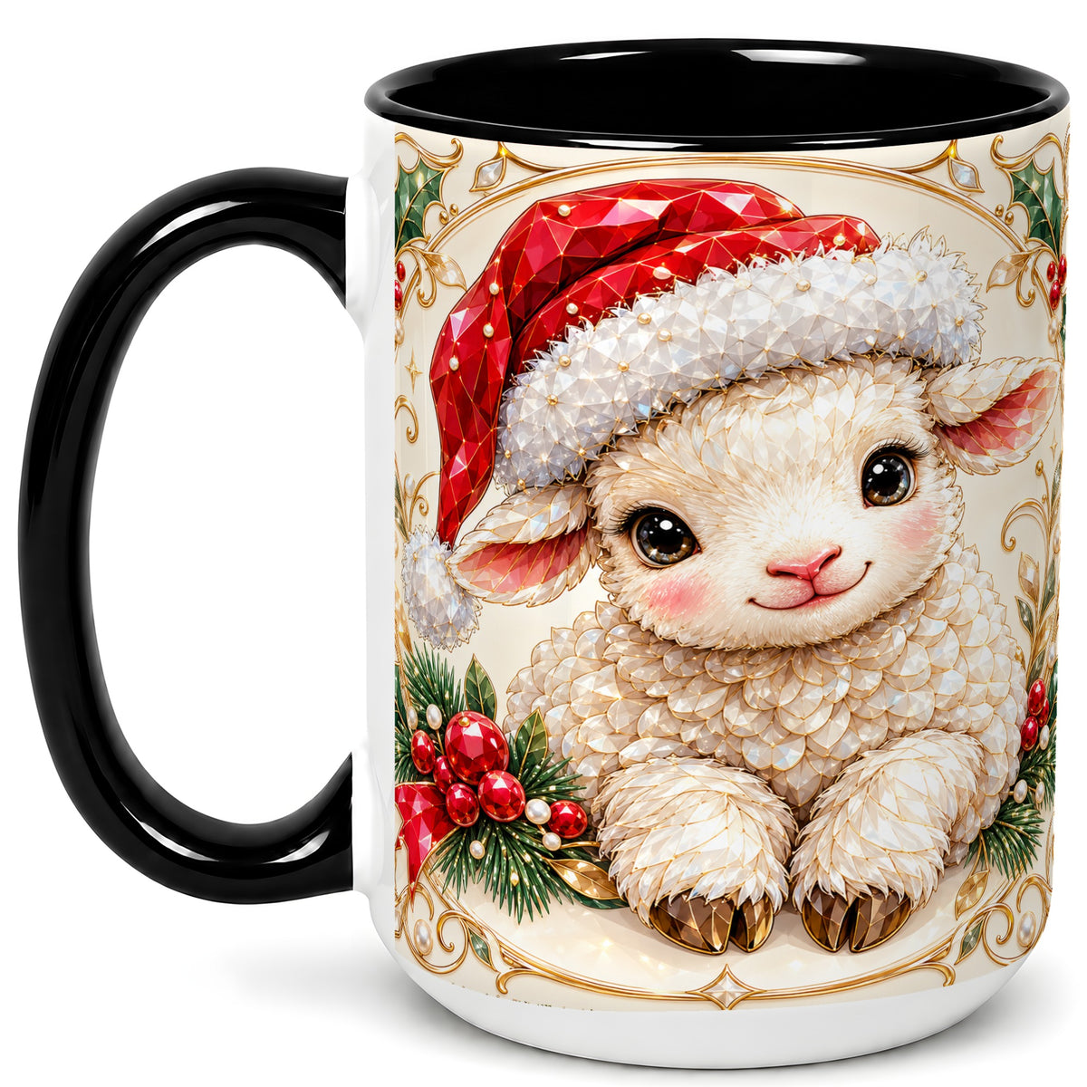 #pl[15oz|Black] Geometric Christmas Lamb Coffee Mug, Ruby Sheep Mug, Ceramic Cup