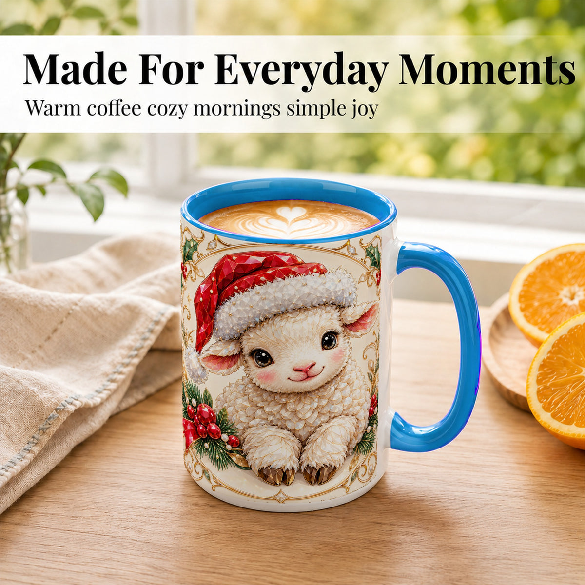 #pl[15oz|Blue] Geometric Christmas Lamb Coffee Mug, Ruby Sheep Mug, Ceramic Cup