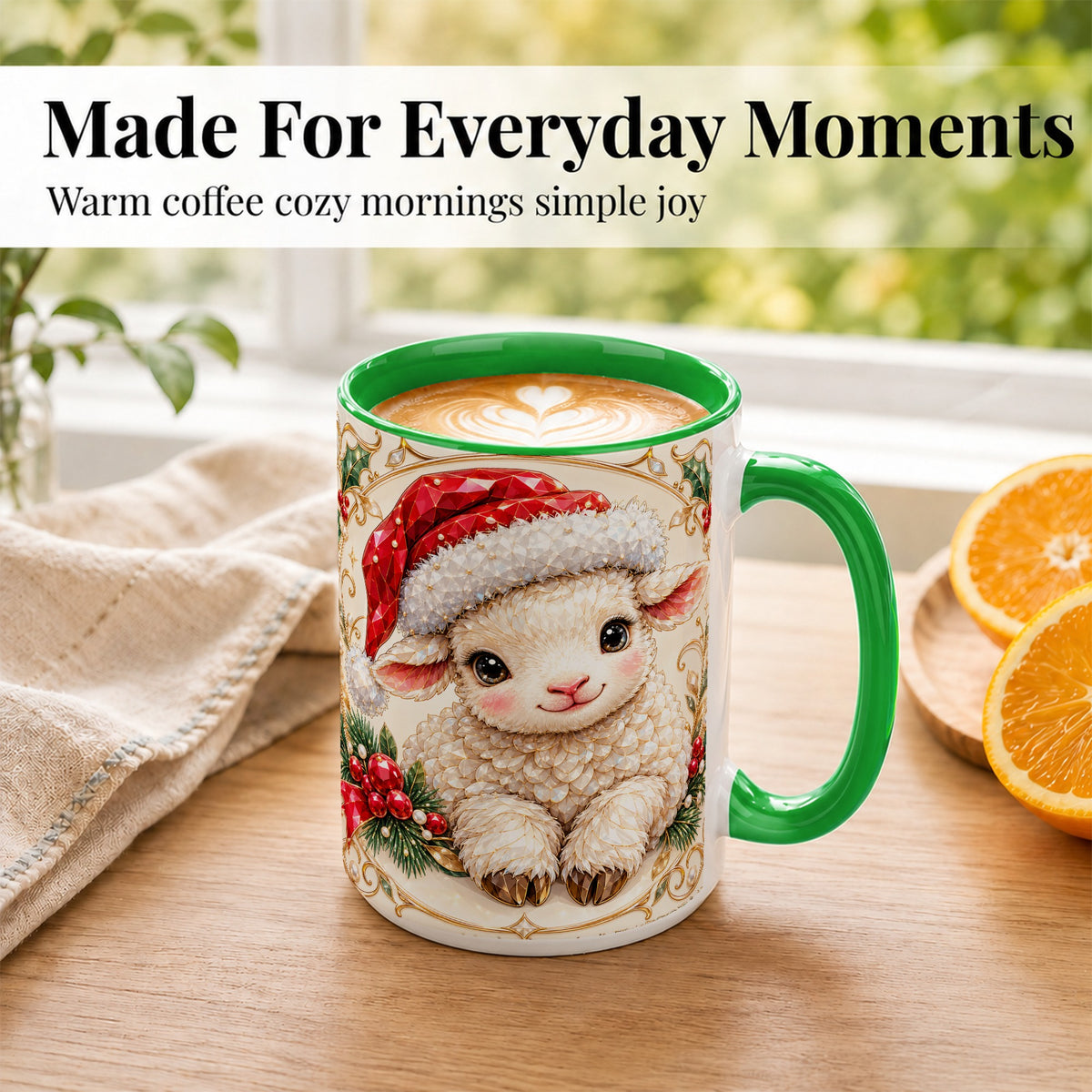 #pl[15oz|Green] Geometric Christmas Lamb Coffee Mug, Ruby Sheep Mug, Ceramic Cup