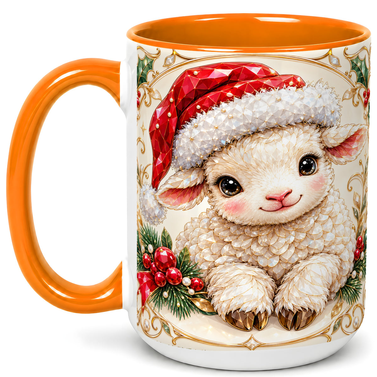 #pl[15oz|Orange] Geometric Christmas Lamb Coffee Mug, Ruby Sheep Mug, Ceramic Cup