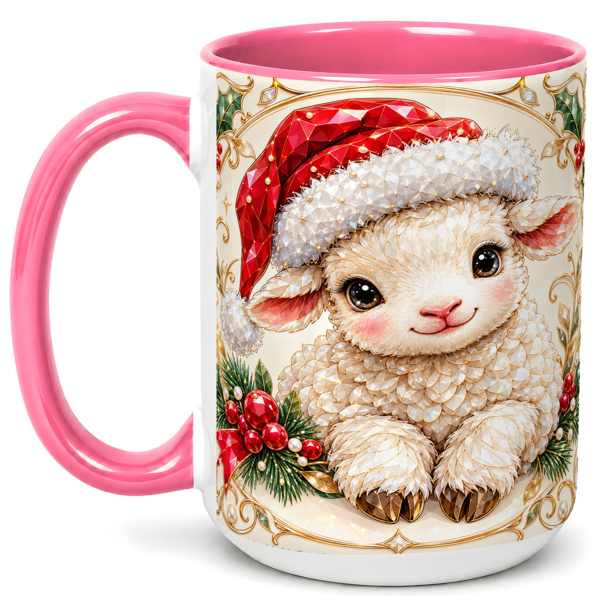 #pl[15oz|Pink] Geometric Christmas Lamb Coffee Mug, Ruby Sheep Mug, Ceramic Cup
