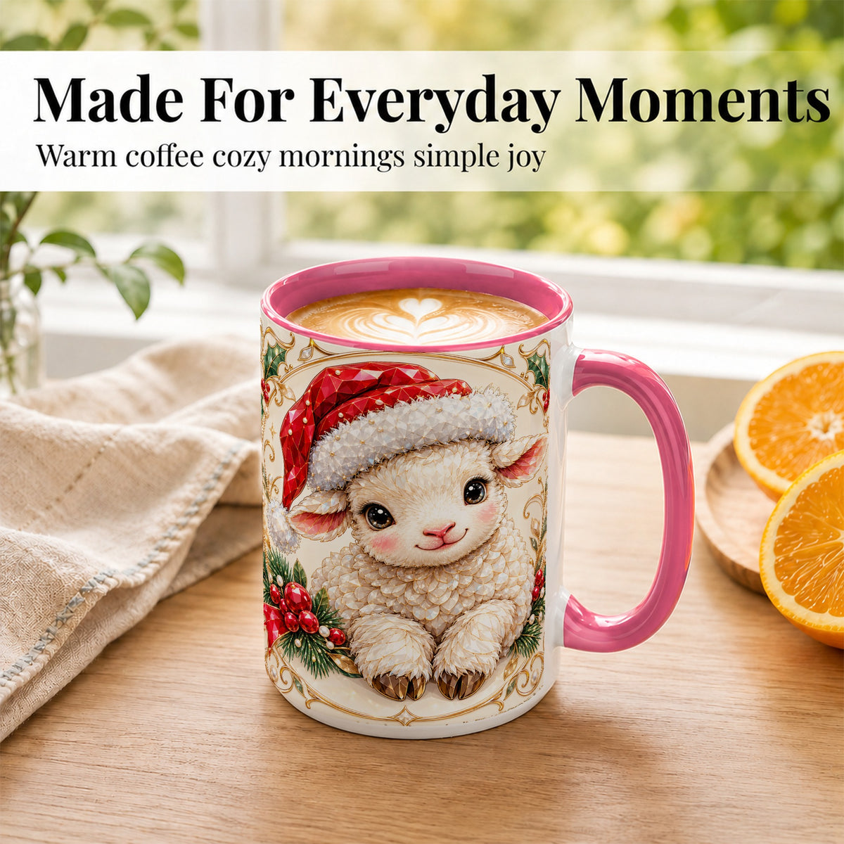 #pl[15oz|Pink] Geometric Christmas Lamb Coffee Mug, Ruby Sheep Mug, Ceramic Cup