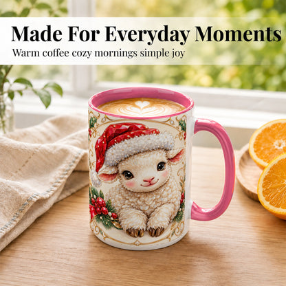 #pl[15oz|Pink] Geometric Christmas Lamb Coffee Mug, Ruby Sheep Mug, Ceramic Cup