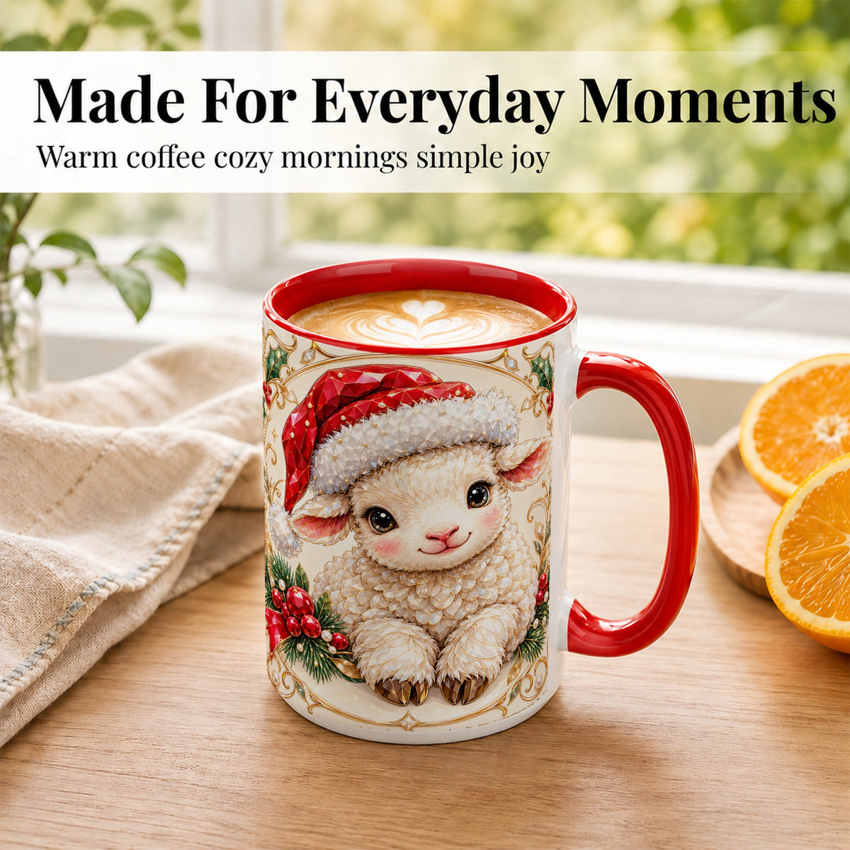 #pl[15oz|Red] Geometric Christmas Lamb Coffee Mug, Ruby Sheep Mug, Ceramic Cup