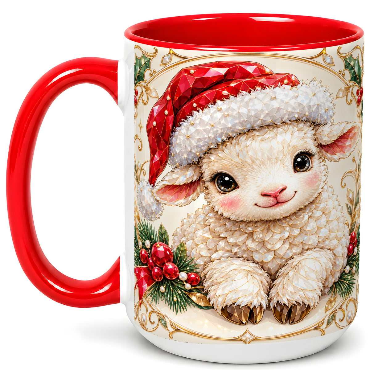 #pl[15oz|Red] Geometric Christmas Lamb Coffee Mug, Ruby Sheep Mug, Ceramic Cup