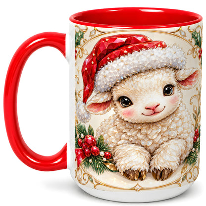 #pl[15oz|Red] Geometric Christmas Lamb Coffee Mug, Ruby Sheep Mug, Ceramic Cup