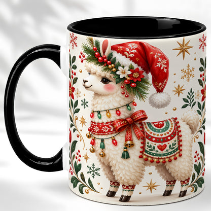 #pl[11oz|Black] Christmas Llama Coffee Mug, Festive Farm Animal Mug, Ceramic Cup
