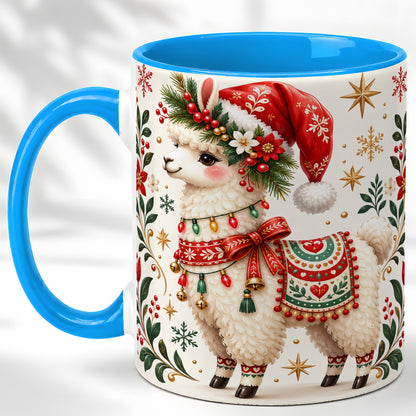 #pl[11oz|Blue] Christmas Llama Coffee Mug, Festive Farm Animal Mug, Ceramic Cup