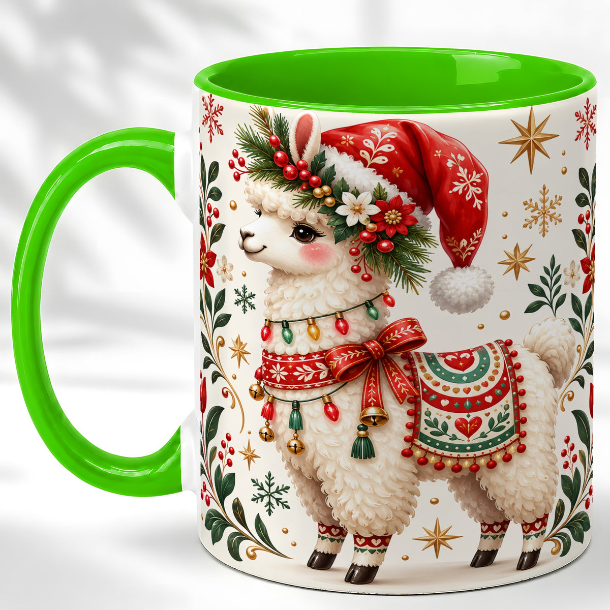 #pl[11oz|Green] Christmas Llama Coffee Mug, Festive Farm Animal Mug, Ceramic Cup