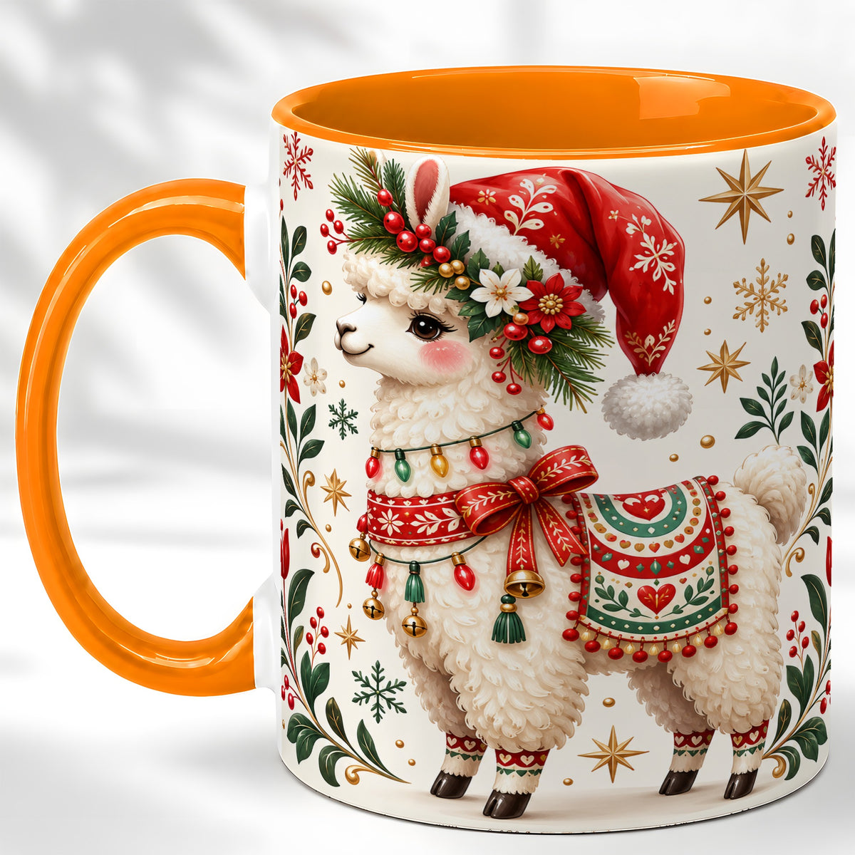 #pl[11oz|Orange] Christmas Llama Coffee Mug, Festive Farm Animal Mug, Ceramic Cup