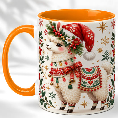 #pl[11oz|Orange] Christmas Llama Coffee Mug, Festive Farm Animal Mug, Ceramic Cup