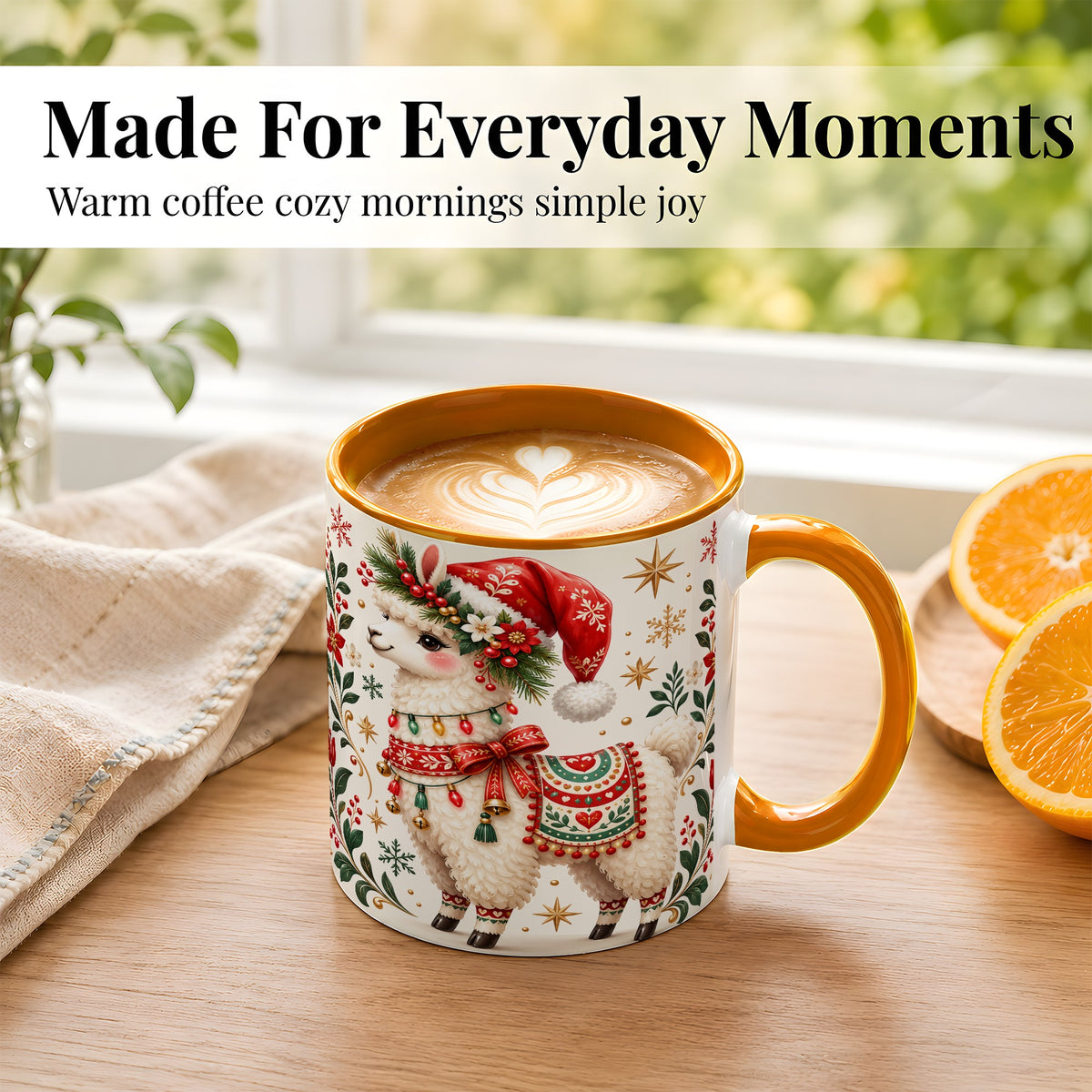 #pl[11oz|Orange] Christmas Llama Coffee Mug, Festive Farm Animal Mug, Ceramic Cup