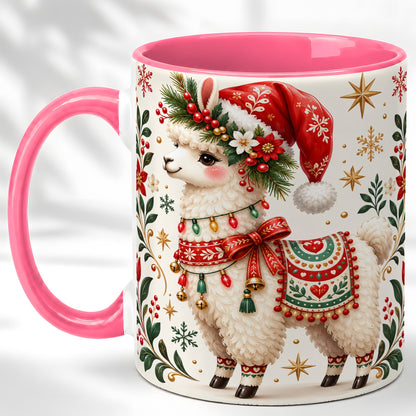 #pl[11oz|Pink] Christmas Llama Coffee Mug, Festive Farm Animal Mug, Ceramic Cup
