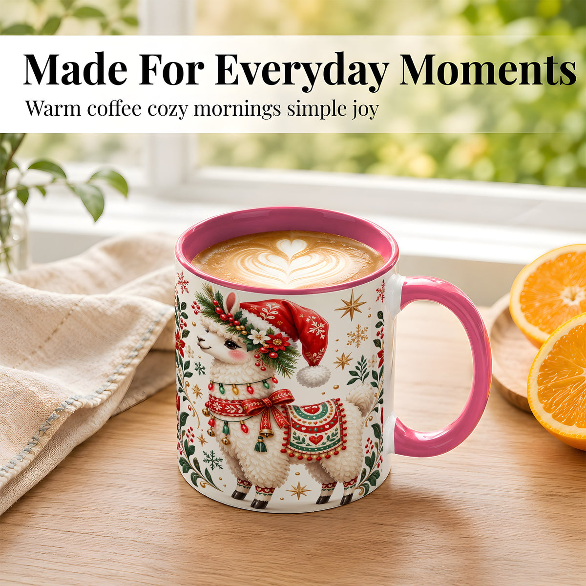 #pl[11oz|Pink] Christmas Llama Coffee Mug, Festive Farm Animal Mug, Ceramic Cup