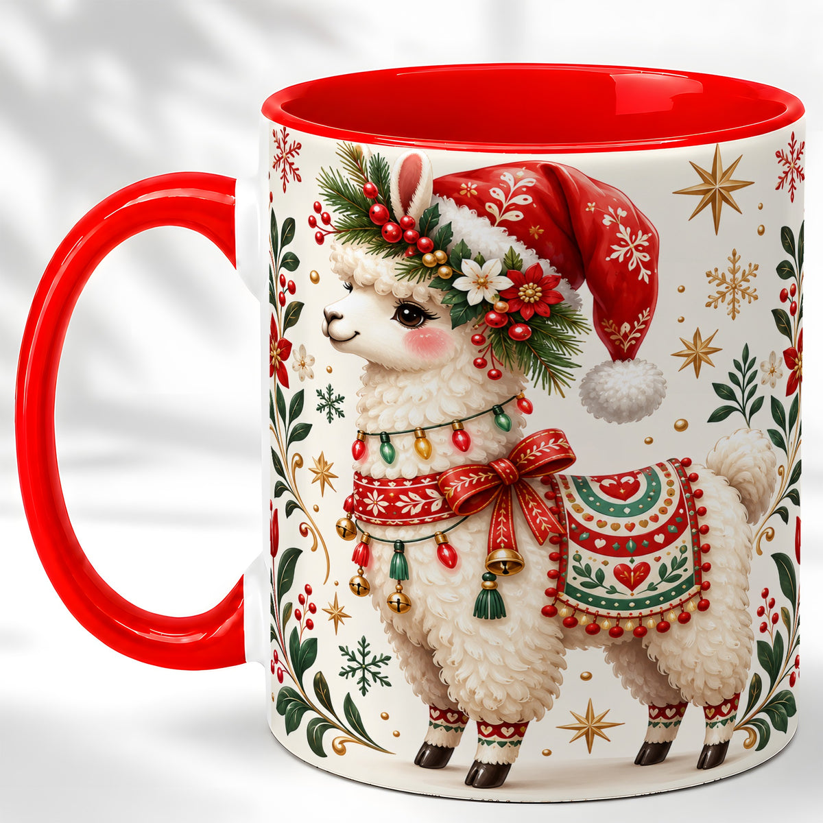 Christmas Llama Coffee Mug, Festive Farm Animal Mug, Ceramic Cup