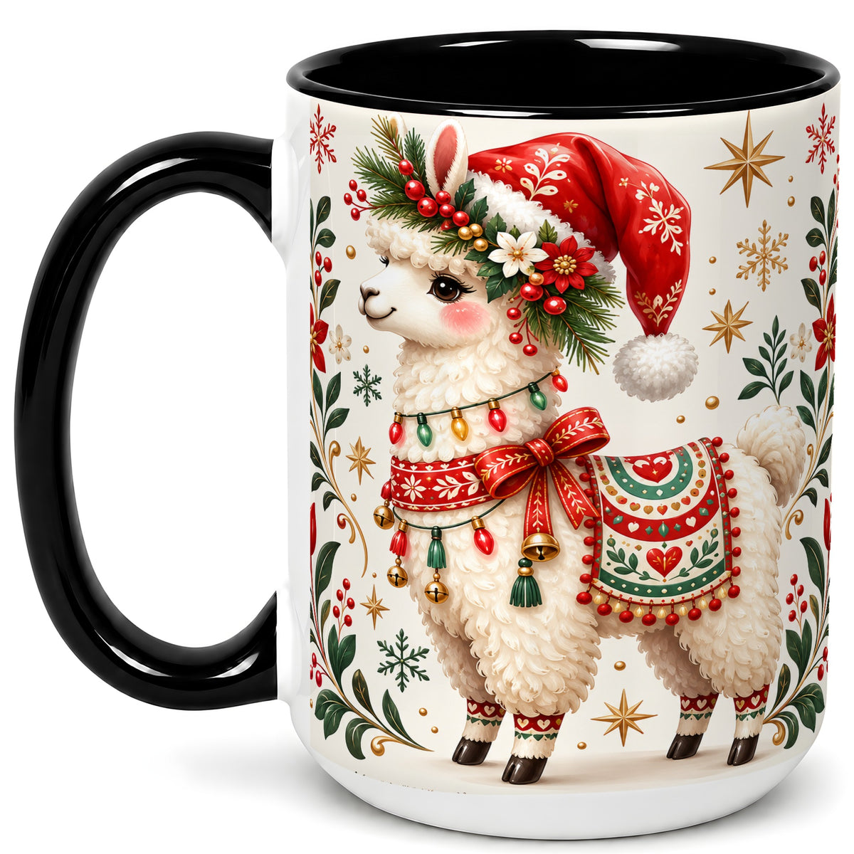 #pl[15oz|Black] Christmas Llama Coffee Mug, Festive Farm Animal Mug, Ceramic Cup