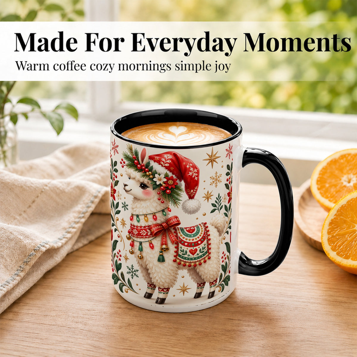 #pl[15oz|Black] Christmas Llama Coffee Mug, Festive Farm Animal Mug, Ceramic Cup