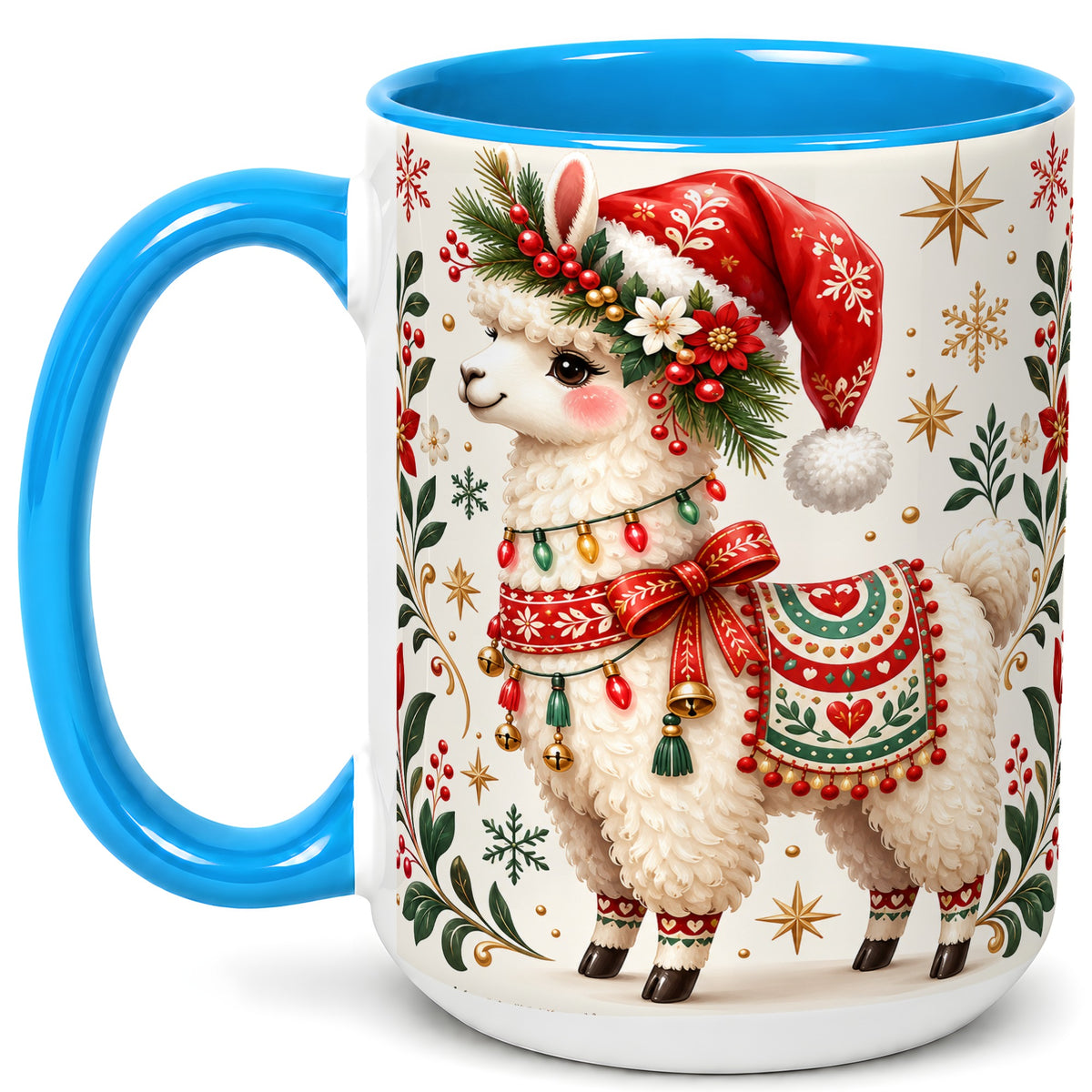 #pl[15oz|Blue] Christmas Llama Coffee Mug, Festive Farm Animal Mug, Ceramic Cup