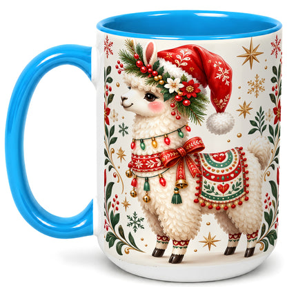 #pl[15oz|Blue] Christmas Llama Coffee Mug, Festive Farm Animal Mug, Ceramic Cup