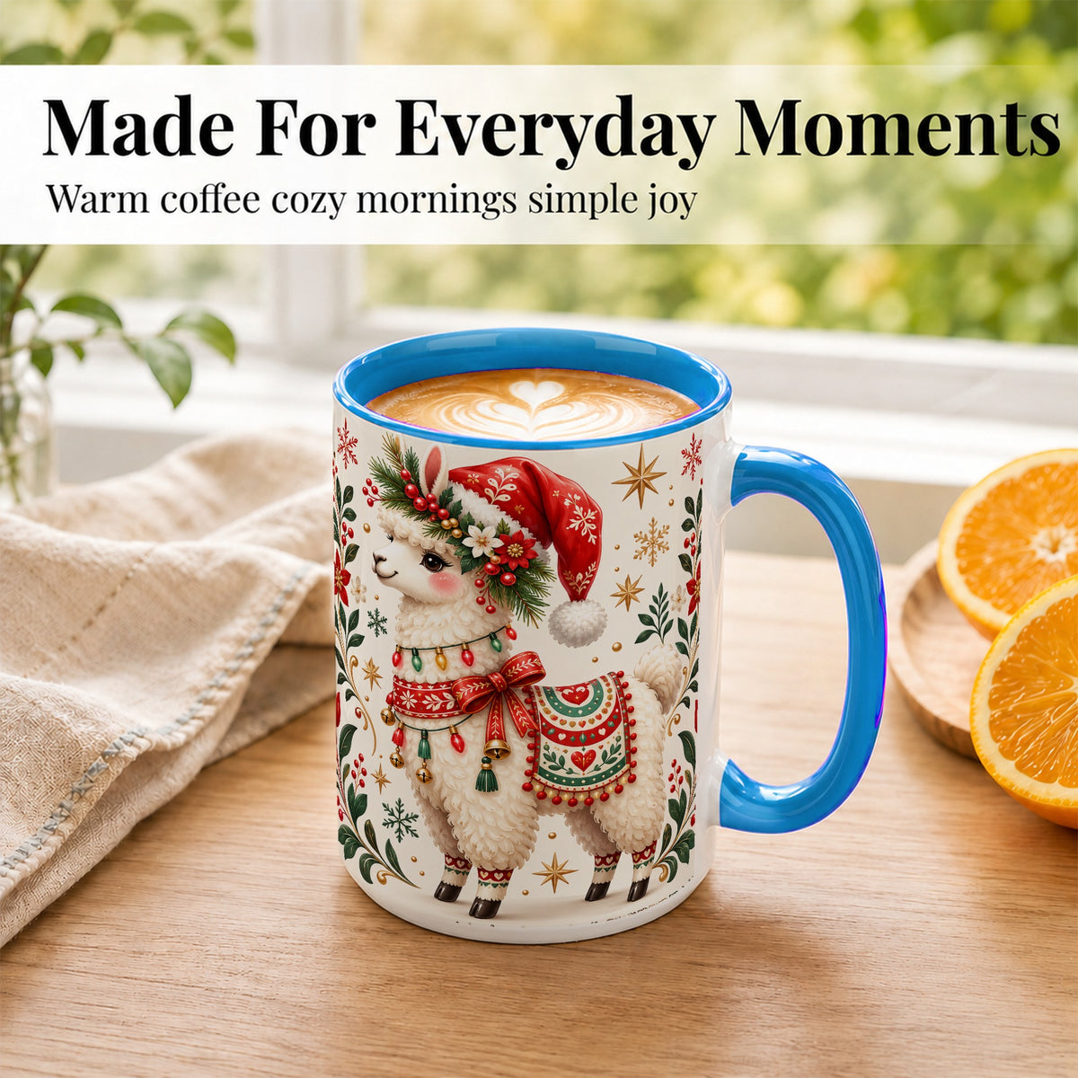#pl[15oz|Blue] Christmas Llama Coffee Mug, Festive Farm Animal Mug, Ceramic Cup